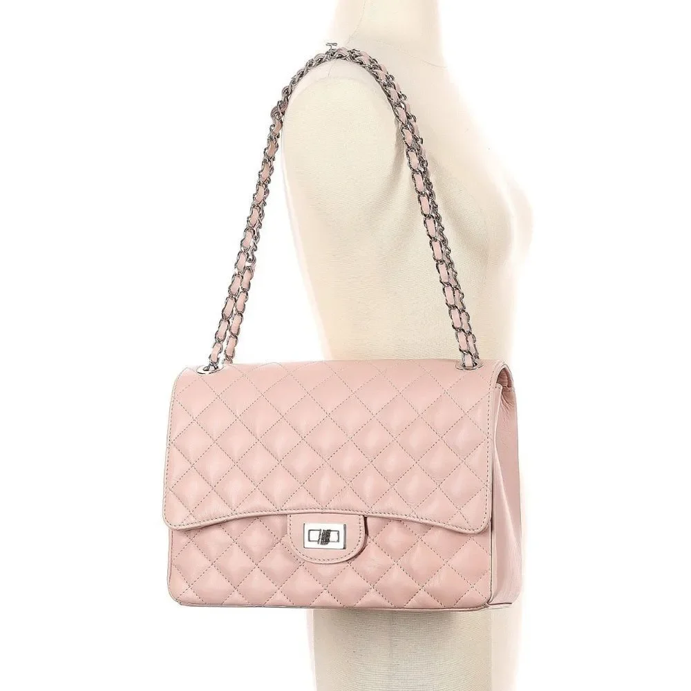 Borse in Pelle Large Crossbody Quilted Flap Bag Pale Pink - Picture 5 of 6